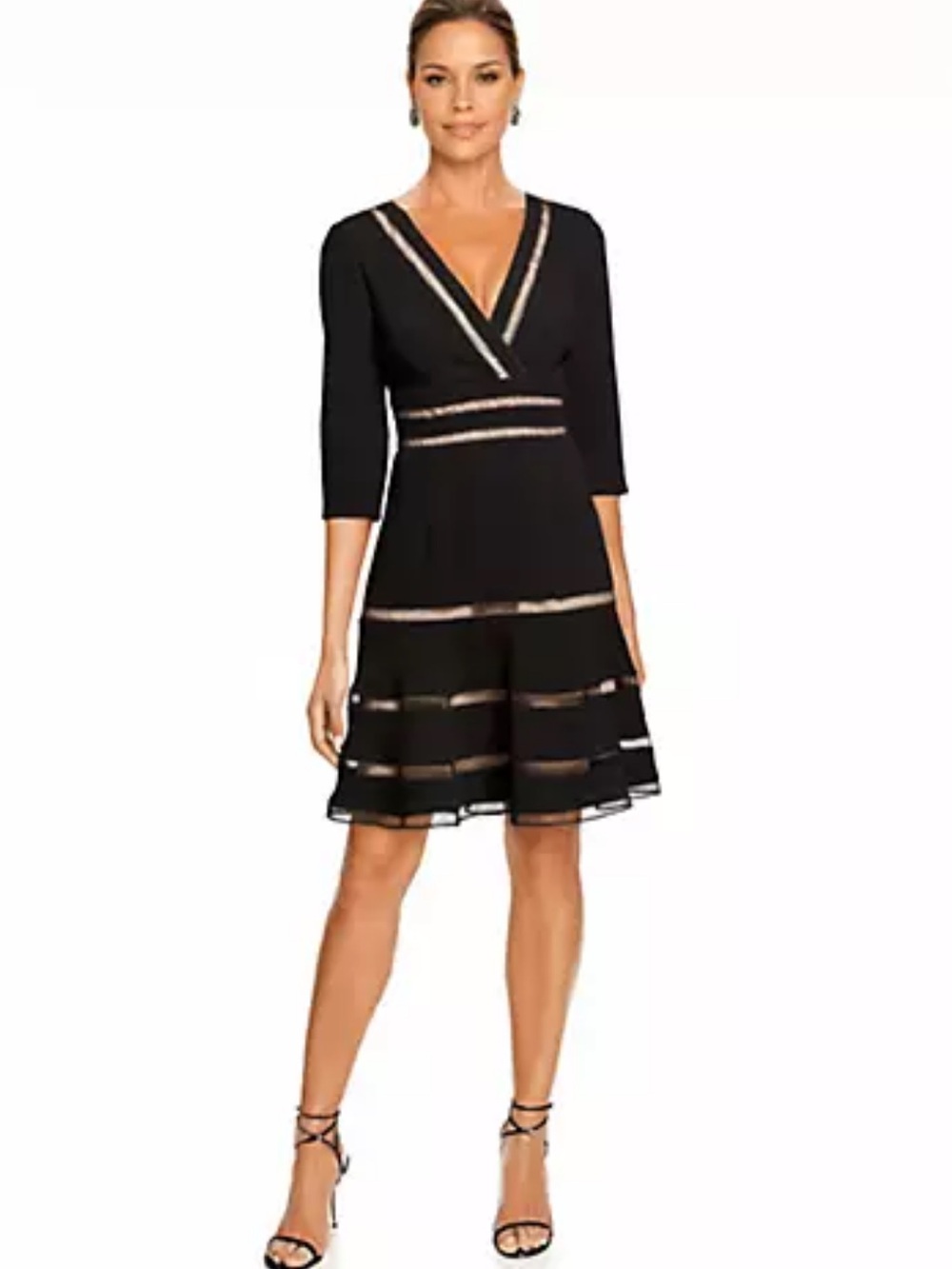 Shani Fit & Flare Dress Women 10 Black NEW Ladder Stitch Crepe V-Neck 3/4 Sleeve